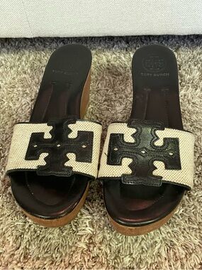TORY BURCH Canvas Black & Cream Open Toe Wooden Clog Wedge Sandal Size 7M
